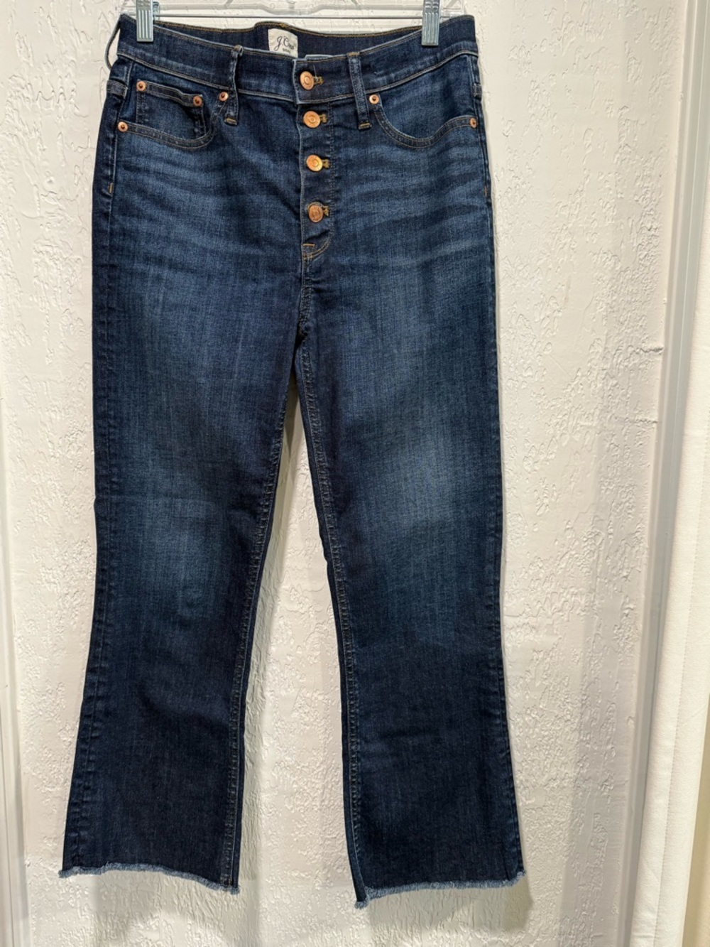 J.Crew Billie Demi Boot Crop Jeans Blue Denim Raw Hem Button Fly Women Sz 29